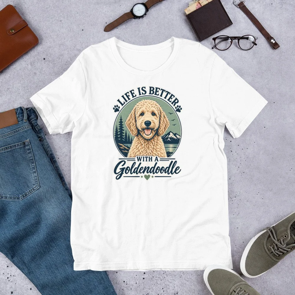 Life Is Better With a Goldendoodle T-shirt design featuring a Goldendoodle with pine trees, mountains and an outdoor landscape unisex-staple-t-shirt-white-front