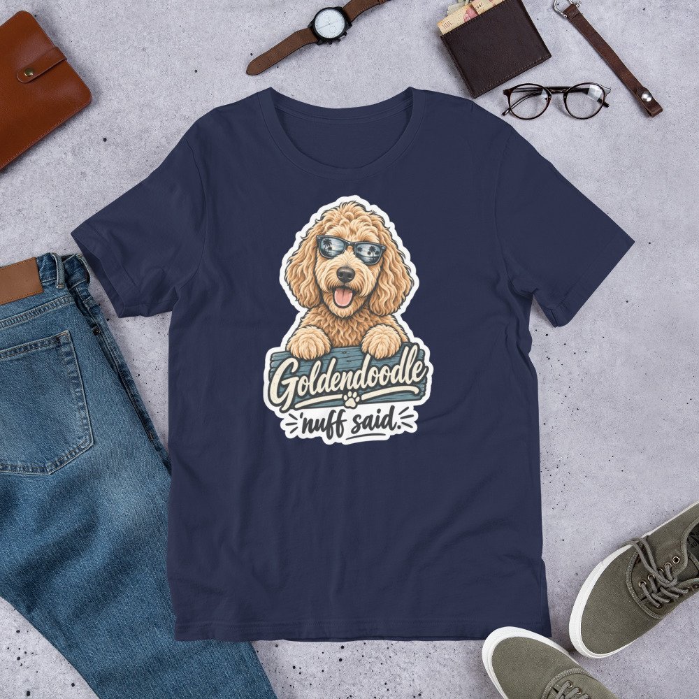 Goldendoodle ’Nuff Said T-shirt design featuring a happy curly-haired doodle wearing sunglasses with palm trees reflected in the lenses. unisex-staple-t-shirt-navy-front