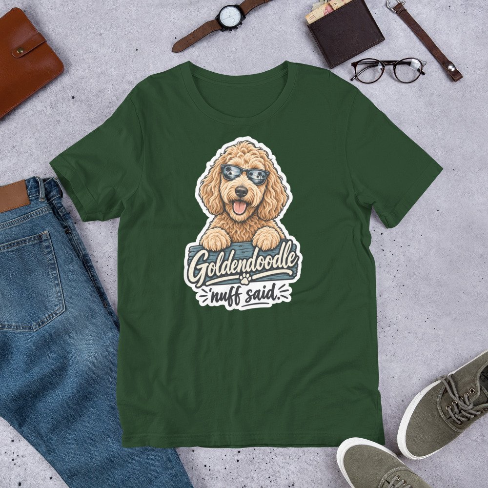 Goldendoodle ’Nuff Said T-shirt design featuring a happy curly-haired doodle wearing sunglasses with palm trees reflected in the lenses. unisex-staple-t-shirt-forest-front