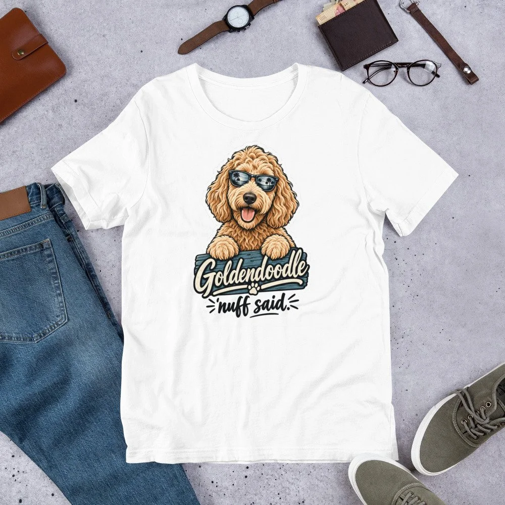 Goldendoodle ’Nuff Said T-shirt design featuring a happy curly-haired doodle wearing sunglasses with palm trees reflected in the lenses. unisex-staple-t-shirt-white-front