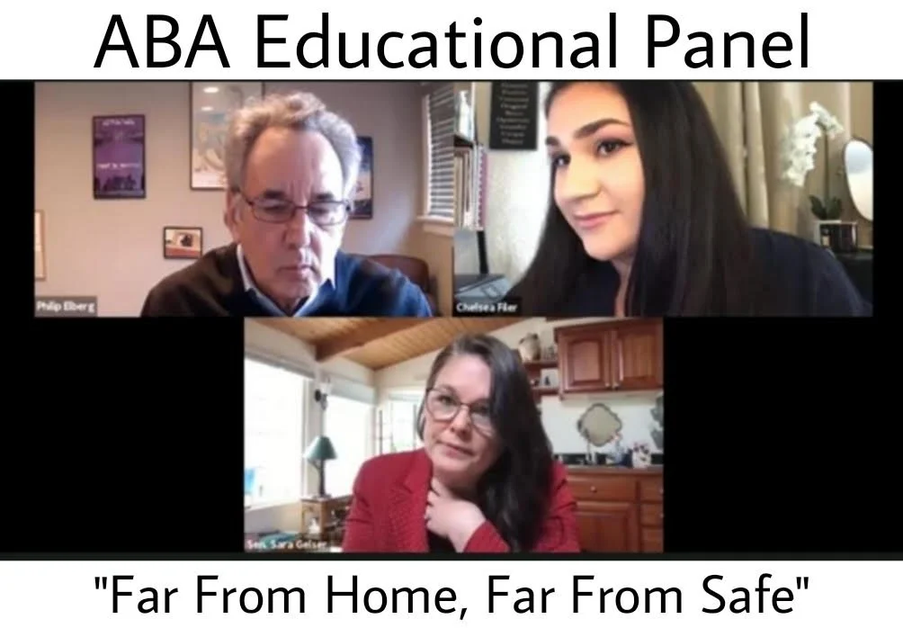 Phil Elberg, Chelsea Filer, and Sen Sarah Gelser speaking for ABA's Far From Home, Far From Safe Sereies