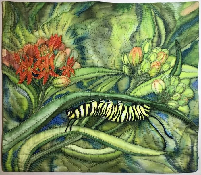 Marty Kotter, Hungry Monarch Caterpillar on Milkweed 17" x 19" Art quilt: silk, silk paint, cotton batting and backing NFS