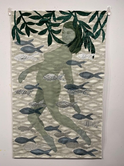 Joanne Vena, The Siren Adrift 52" x 33" Hand-pieced, hand-sewn embroidered transparent fabrics, quilted metallic, tulle, and embroidered satin shapes on a cotton fabric backed with felt $2000