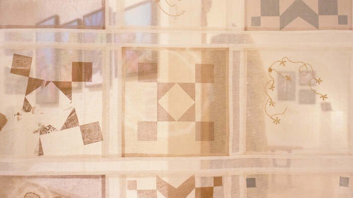 Kaitlyn Taylor, Fading Moments, Lingering Lines (detail) 6' x 8' x 8' Screenprint on Shibori-dyed cotton organdy, cotton thread NFS