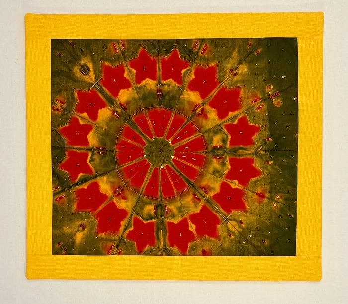 Pamela Katz, Star Burst 20" x 23" Quilting cotton, discharged, indigo, beads NFS