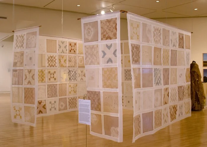 Kaitlyn Taylor, Fading Moments, Lingering Lines 6' x 8' x 8' Screenprint on Shibori-dyed cotton organdy, cotton thread NFS