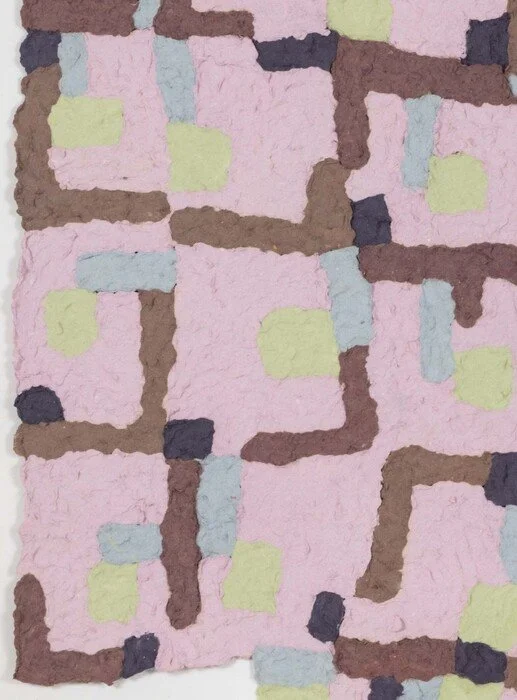 Emily Mueller, Pink Lilies Paper Quilt (detail) 30.75" x 22.5" x .5" Paper pulp painting with pigmented abaca fibers $2000