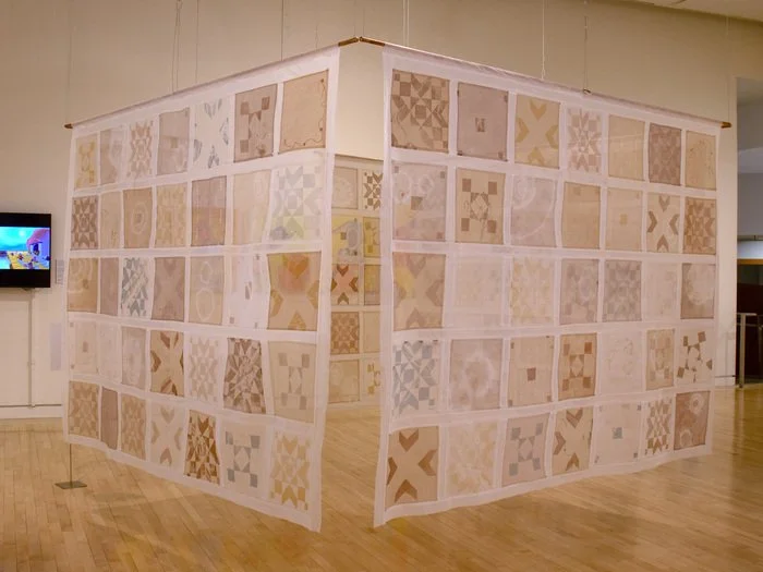 Kaitlyn Taylor, Fading Moments, Lingering Lines 6' x 8' x 8' Screenprint on Shibori-dyed cotton organdy, cotton thread NFS
