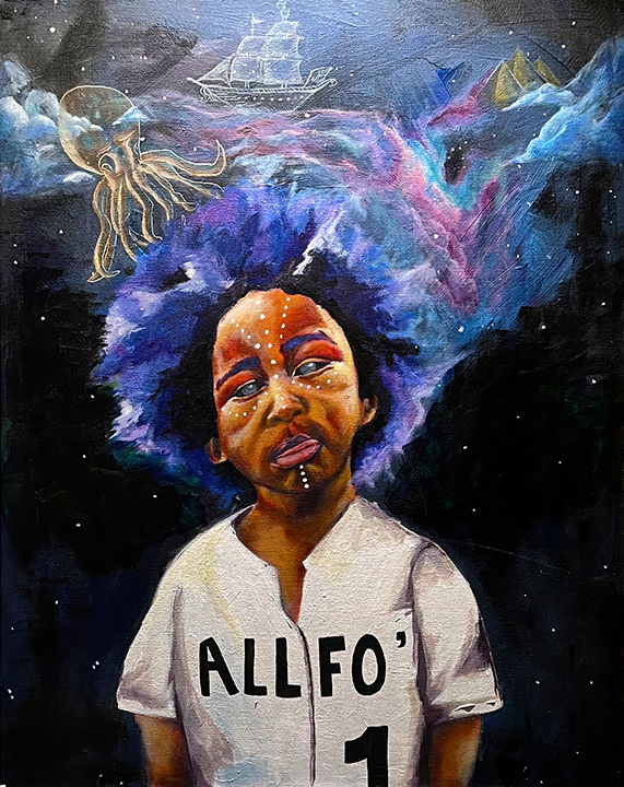 Captain Little Sunny Sugarfoot Giving His Apocalyptic Pep Talk to His Interdimensional Little League Team
24" x 36"  
Acrylic on canvas  
2021
