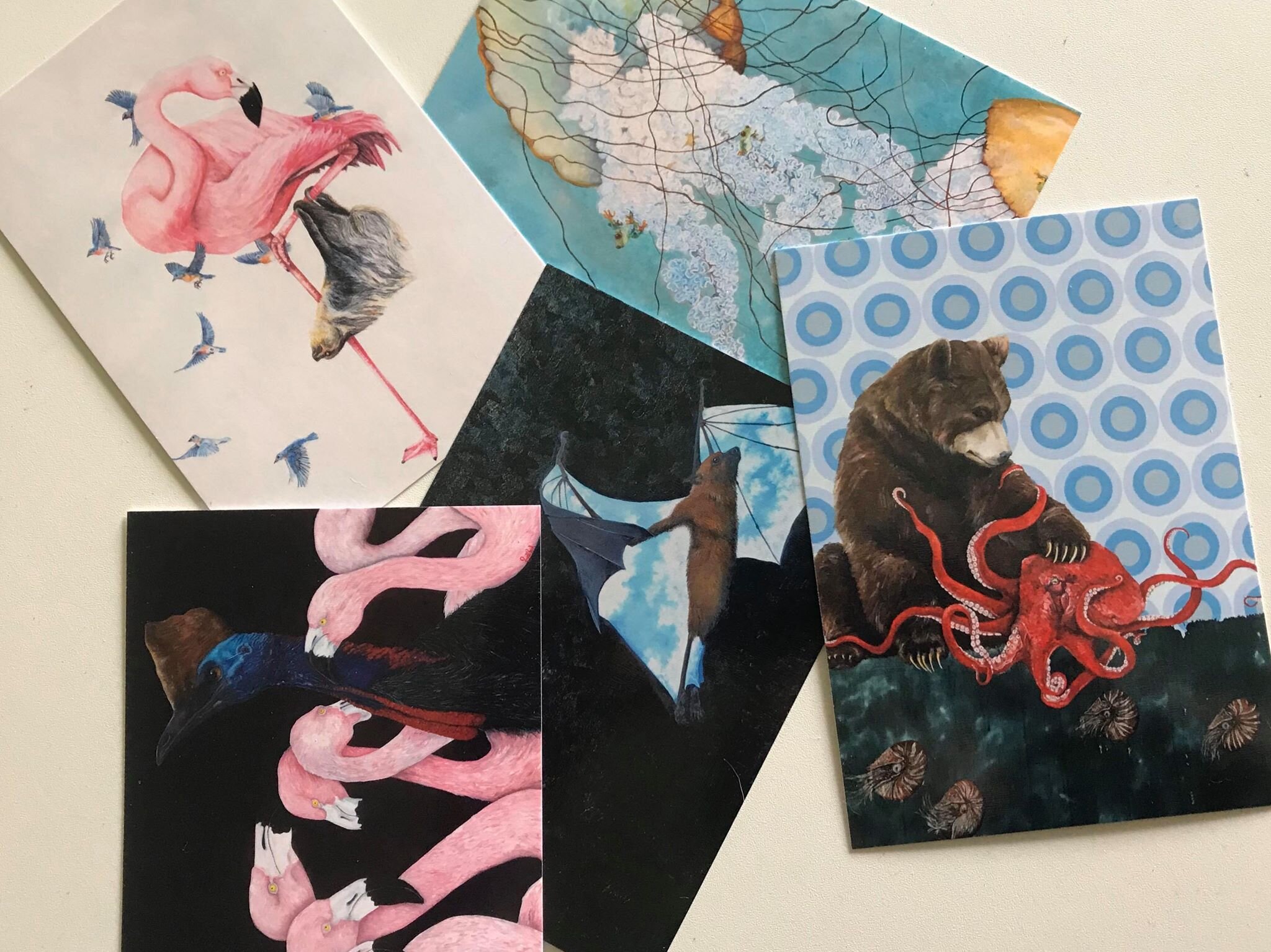Set of 5 postcards of animal themed artworks