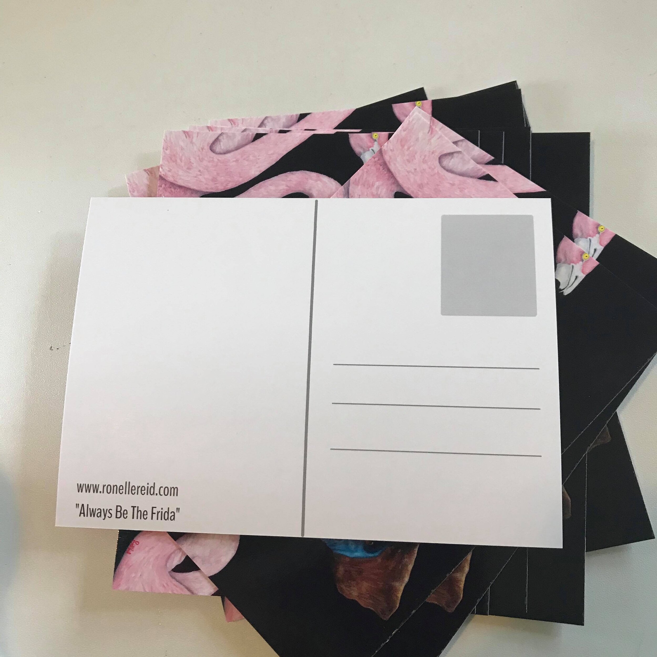 postcard depicting original artwork of flock of flamingos and a cassowary amongst them