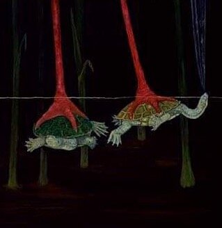 close up of painting of a stork balancing on two turtles