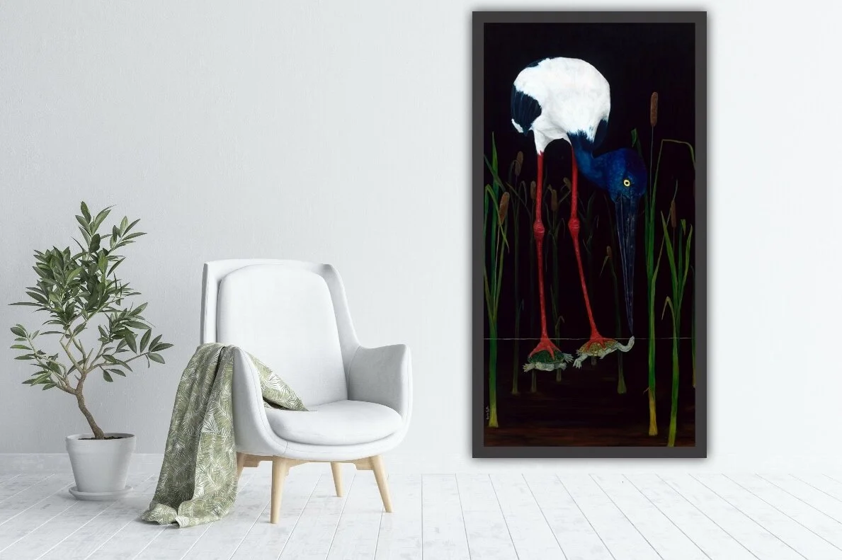 white room scene showing oil painting on the wall