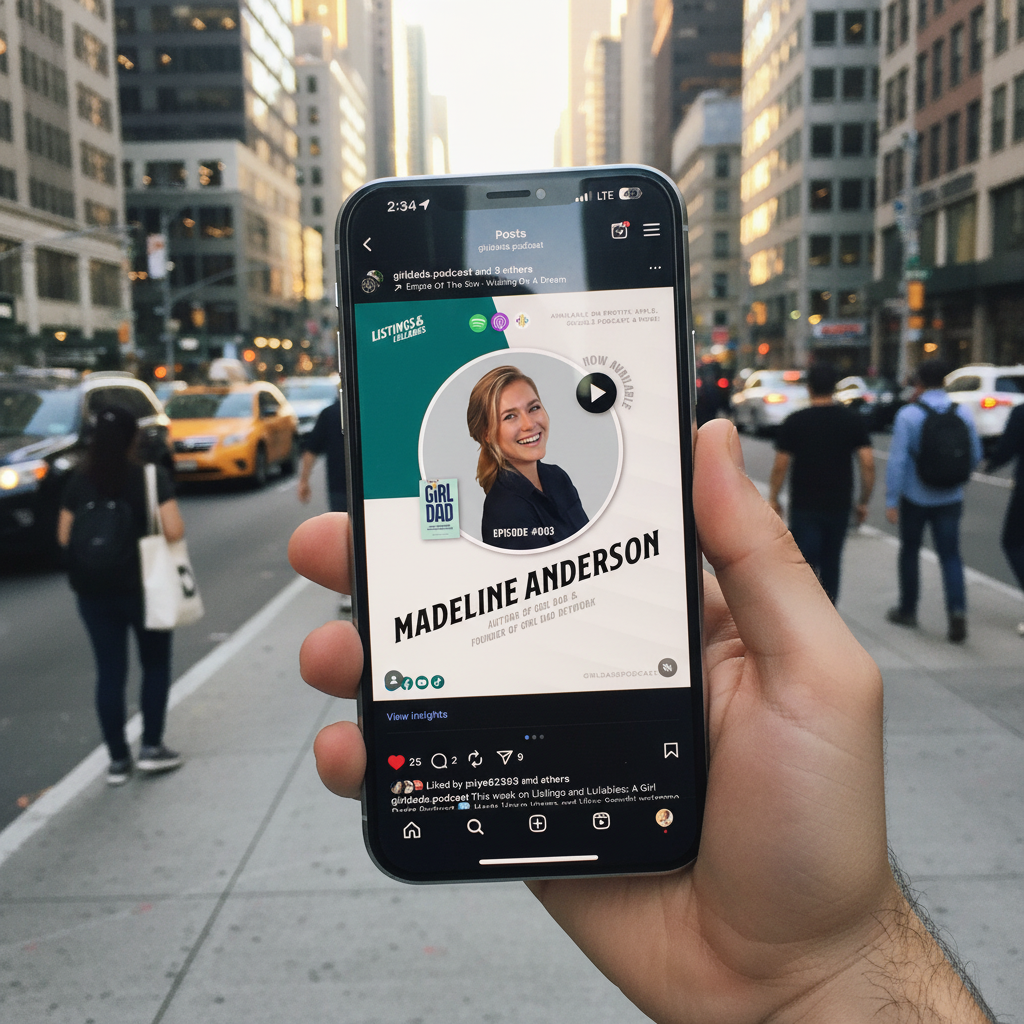 Person holding a smartphone in a city street captures a podcast episode featuring Madeline Anderson.