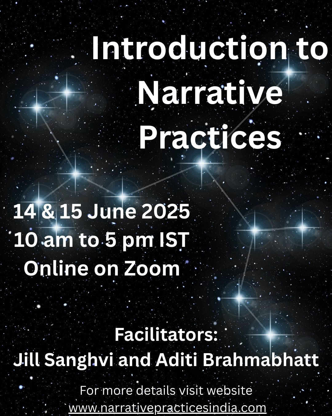 2 day workshop on Introduction to Narrative Practices 2025. Click on the flyer to know more.