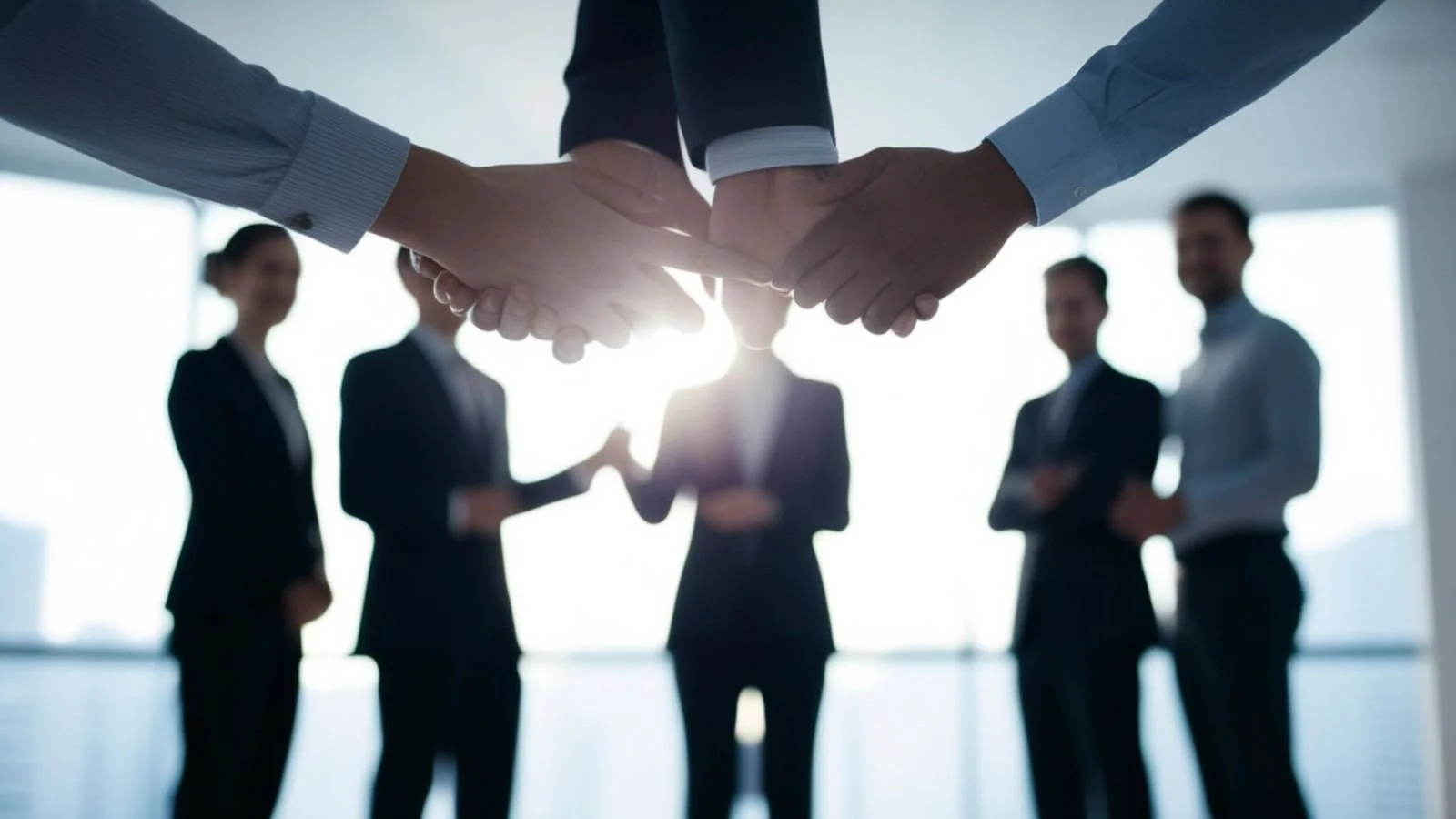 Close-up of two people shaking hands in a business setting, with several people standing in the background in a sunlit modern office.