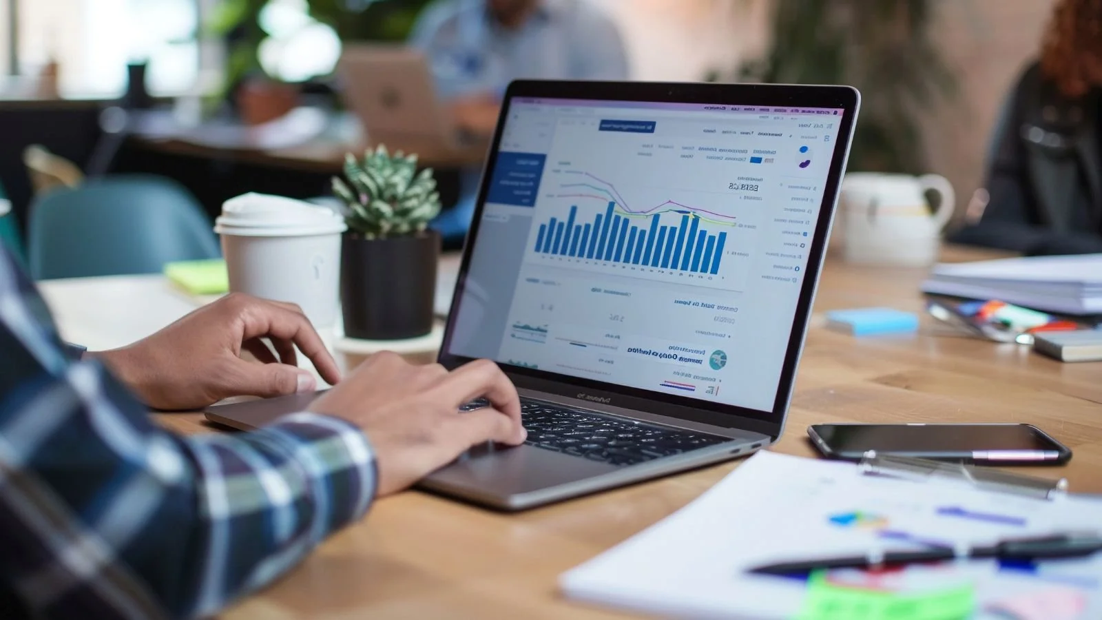 Close-up of a person working on a laptop with financial charts, graphs, and data on the screen, sitting at a wooden table with a potted plant, a smartphone, papers, pens, and a coffee cup nearby.