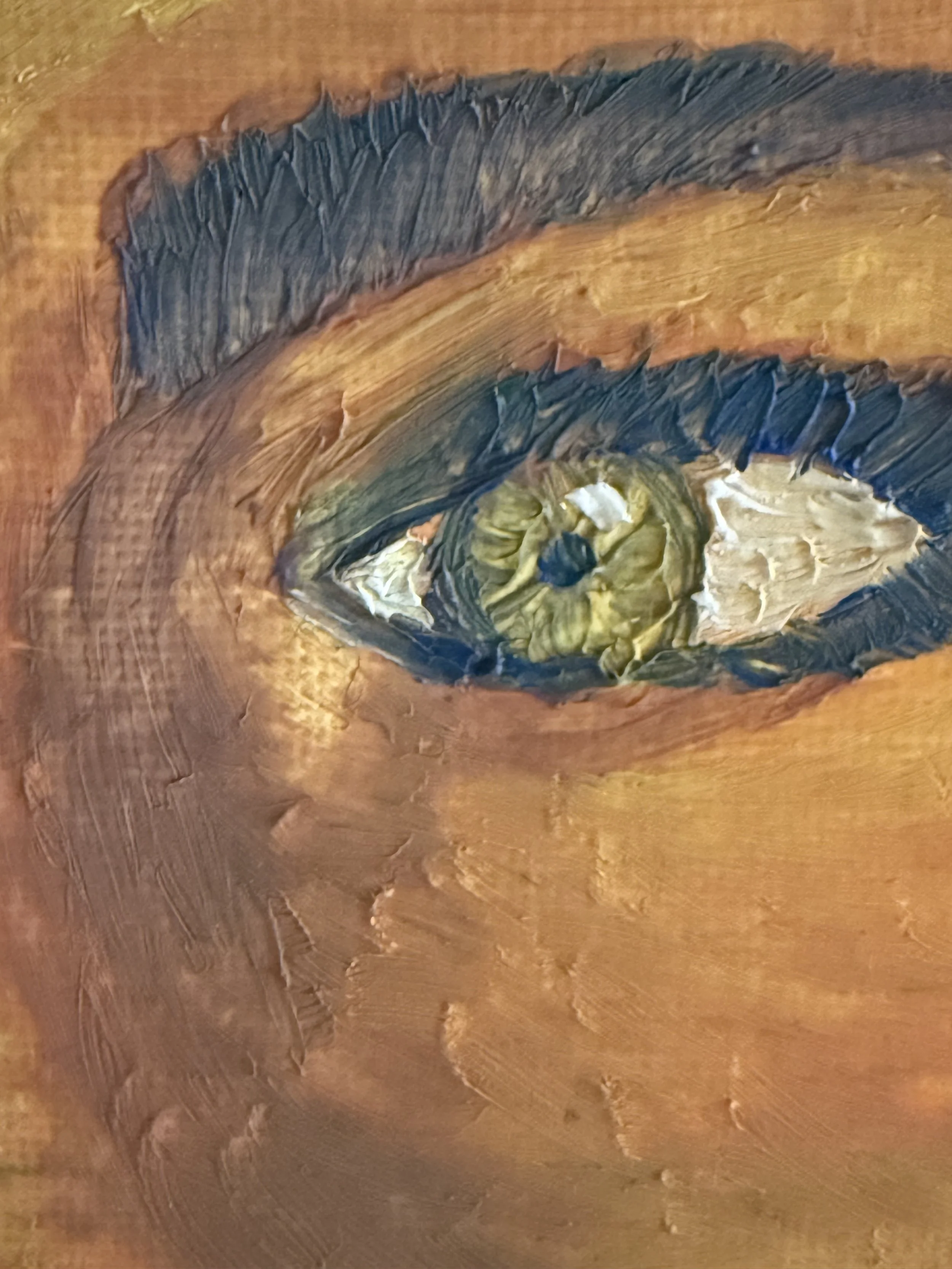 Close-up of a painted eye on a wooden surface, with a brown background and textured brushstrokes.