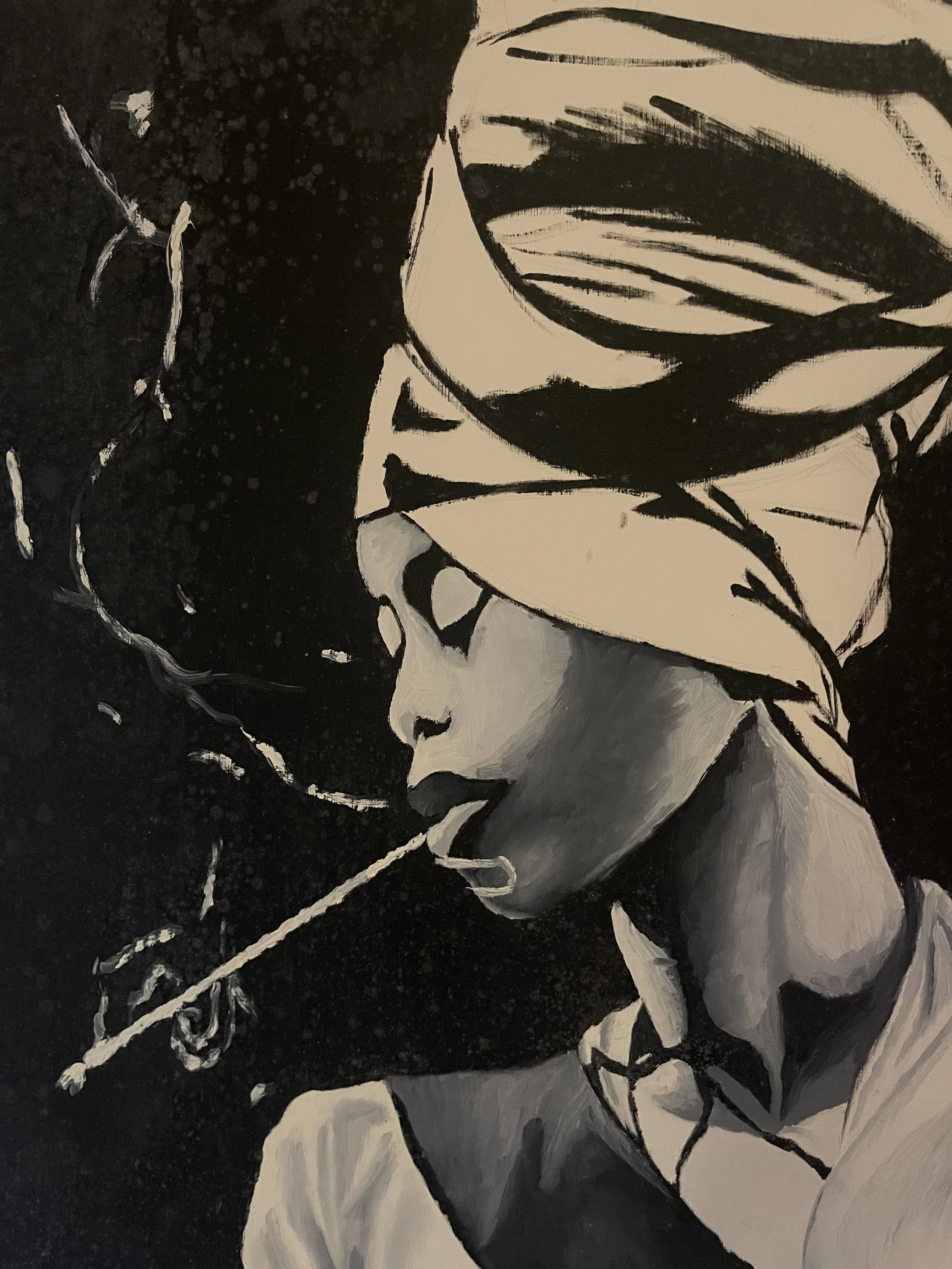 A black and white illustration of a woman with a headwrap smoking a cigarette.
