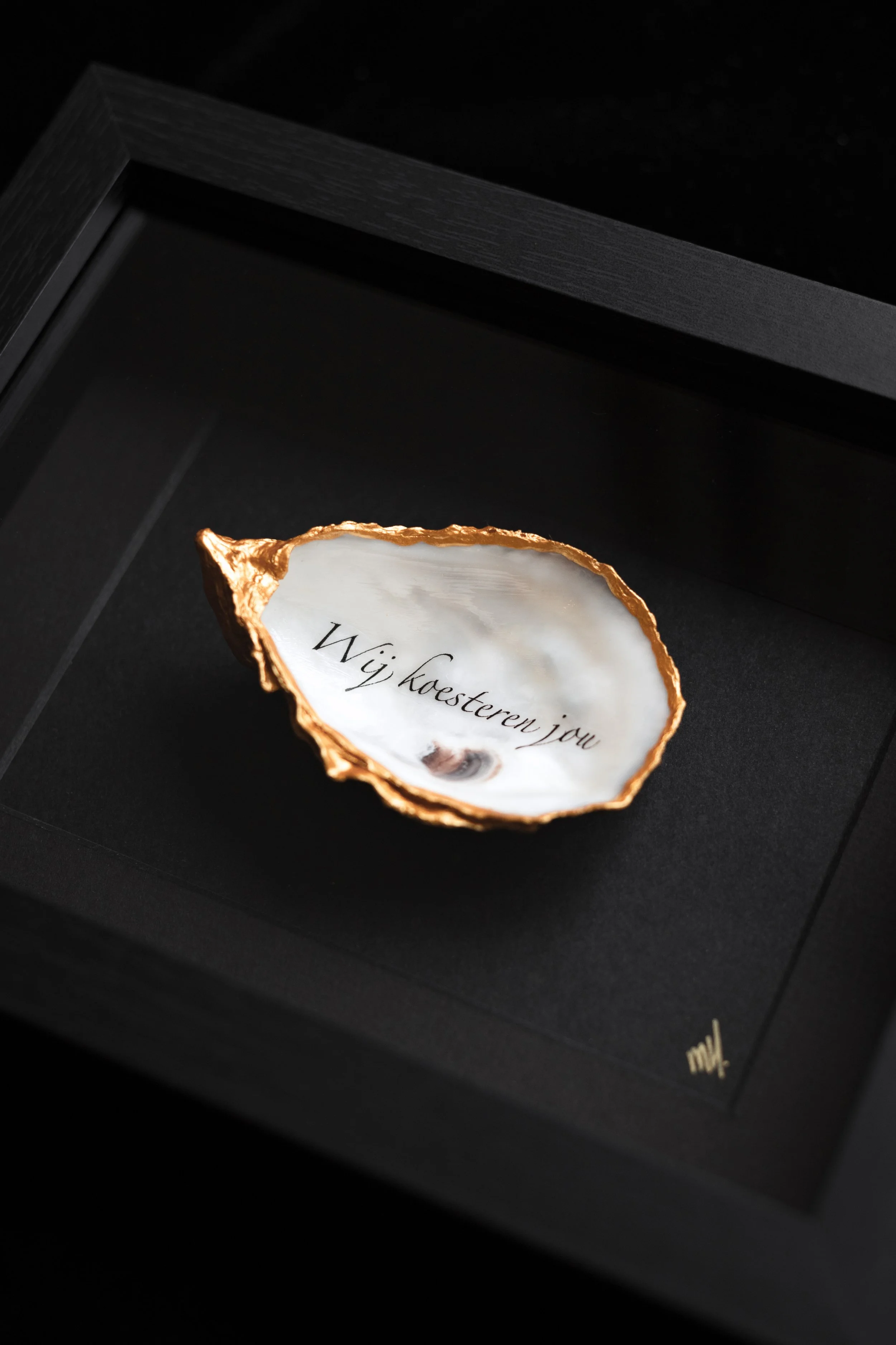 A black box containing an oyster shell with a logo on it, reading 'Wij koesteren jou'.