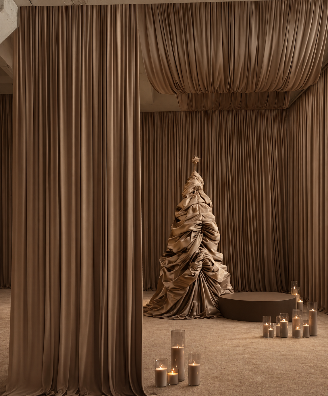 Taupe draped holiday studio with brown riser.png