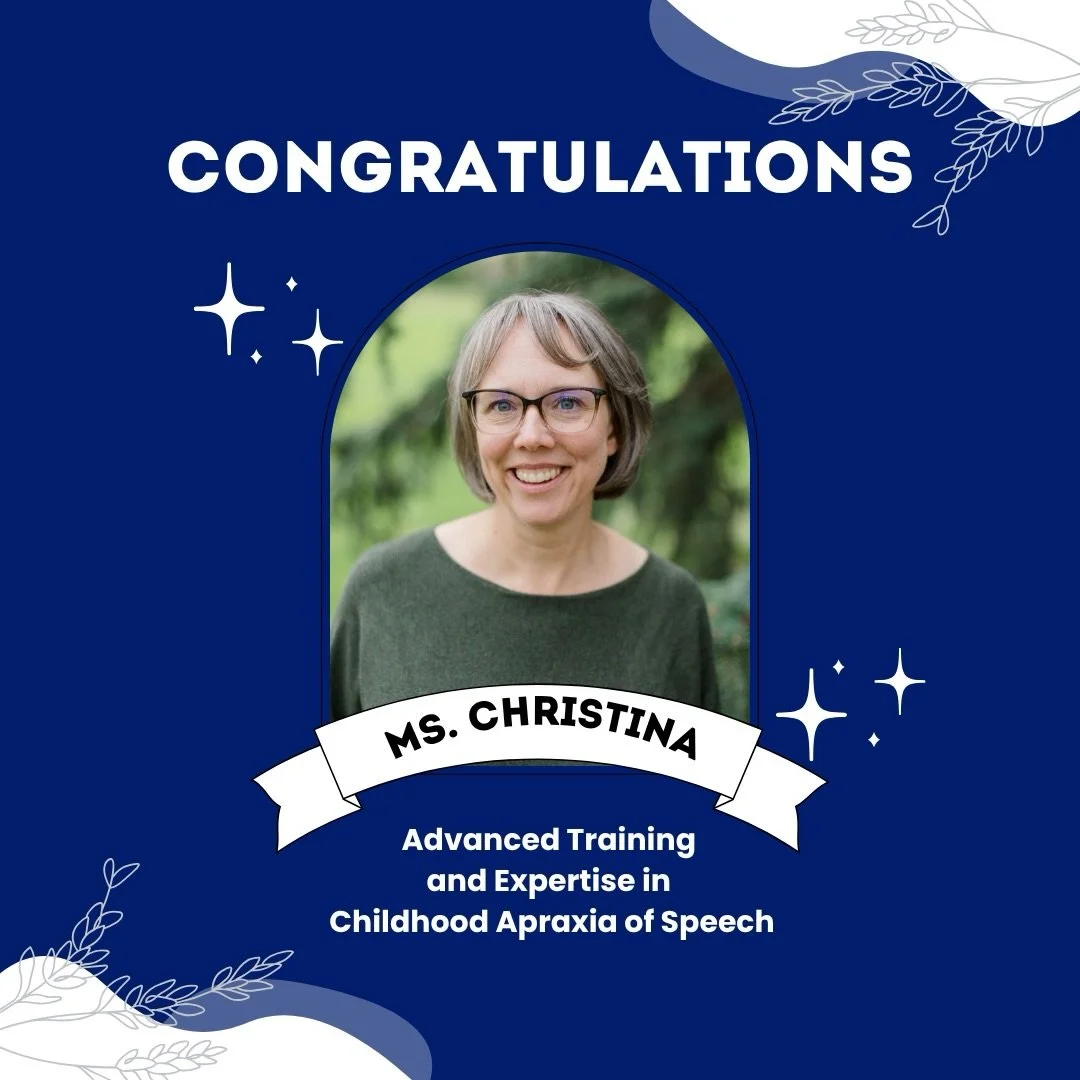 Congratulations to our very own, Ms. Christina, for completing the Apraxia Kids Intensive Training Institute! She is considered Recognized by Apraxia Kids for Advanced Training and Expertise in Childhood Apraxia of Speech. 🗣️🎉
&nbsp;
Christina work