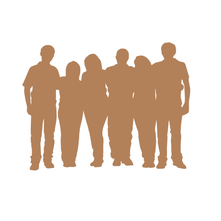 Silhouetten von sechs stehenden Personen in einer Gruppe