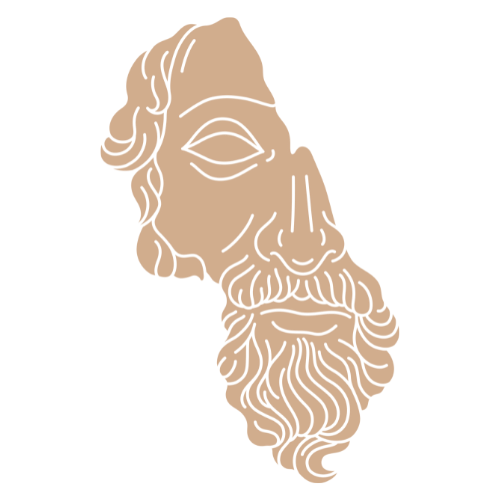 Stilisierte Illustration eines bärtigen Mannes im Profil mit langen, lockigen Haaren