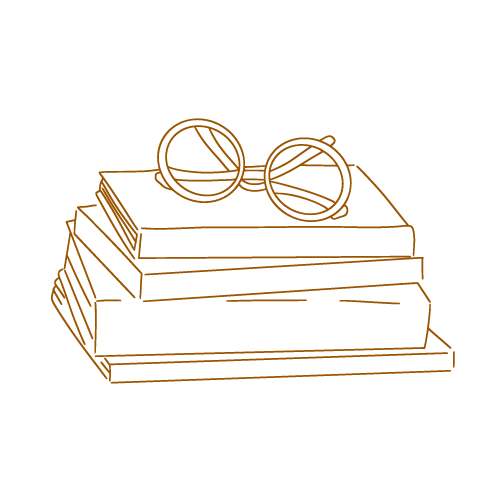 Gezeichneter Stapel Bücher über Depressionen mit einer Brille darauf
