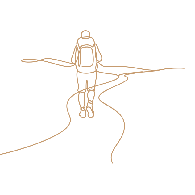 Minimalistische Linienzeichnung einer wandernden Person mit Rucksack auf einem sich verzweigenden Weg