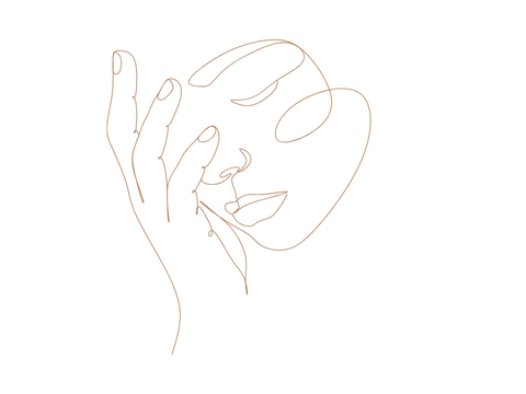 Minimalistische orange Linienzeichnung eines menschlichen Gesichts im Profil mit Hand und Fingern am Kinn