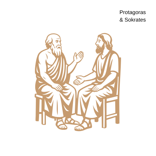 Stilisierte Darstellung zweier antiker Philosophen in Gewändern, die sich im Sitzen unterhalten.