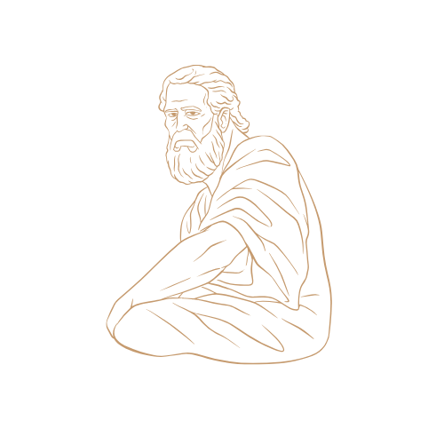 Minimalistische goldene Linienzeichnung eines sitzenden bärtigen Mannes in einer Robe auf schwarzem Hintergrund