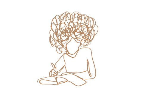 Lineare Illustration einer sitzenden, nachdenklichen Person mit lockigem Haar und gesenktem Kopf