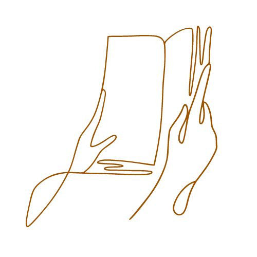Orangefarbene Umrisszeichnung eines offenen Buches mit Feder und Tintenfass