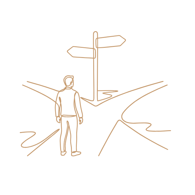 Illustration einer Person an einem Wegweiser mit mehreren abzweigenden Wegen
