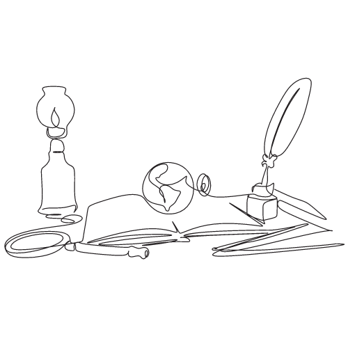 Lineare Illustration eines Schreibtischs mit Schreibtischlampe, Globus, Federhalter und Papieren