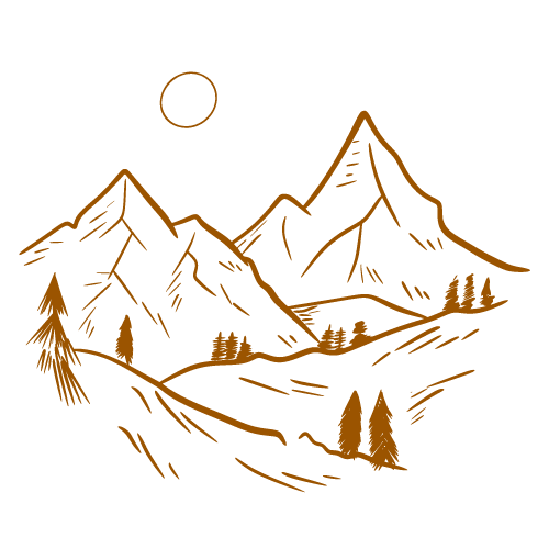 Skizzierte Berge, ein Fluss, Tannenbäume und eine Sonne am Himmel.