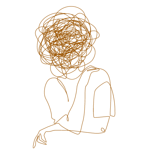 Abstrakte orange Linienzeichnung einer sitzenden Person mit lockigem Haar auf schwarzem Hintergrund