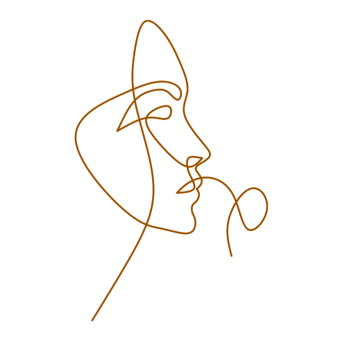 Minimalistische braune Linienzeichnung eines menschlichen Gesichts im Profil mit stilisiertem Haar auf schwarzem Hintergrund