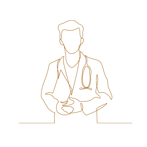 Lineare Illustration eines Arztes im Kittel mit Stethoskop, der einen Patienten untersucht