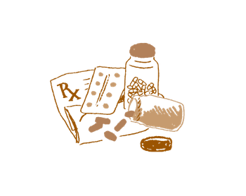 Illustration eines Erste-Hilfe-Kastens mit Verbandsmaterial, Medikamenten und medizinischem Zubehör.