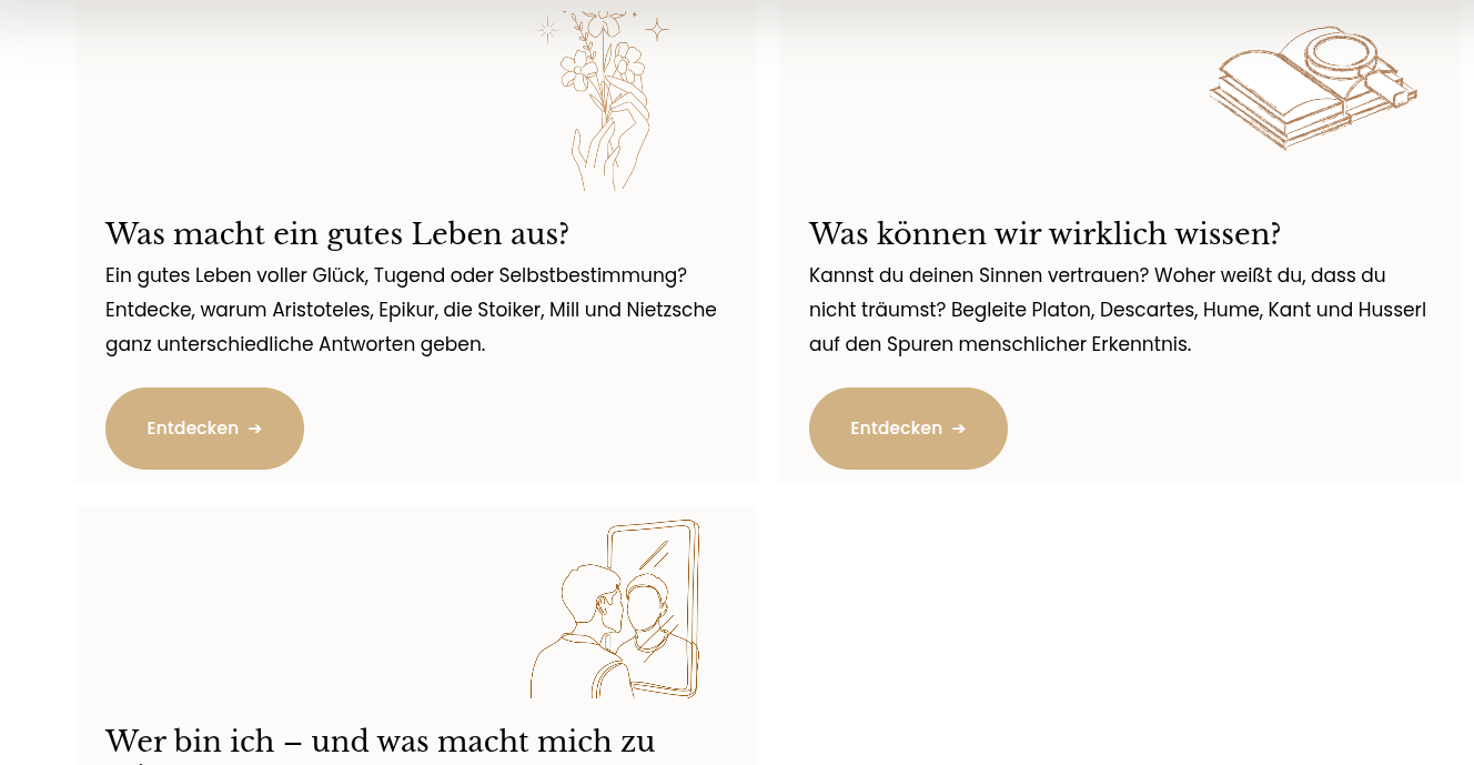 Philosophie-Übersicht mit Kacheln zu gutem Leben, Erkenntnis und Identität sowie minimalistischen Illustrationen.