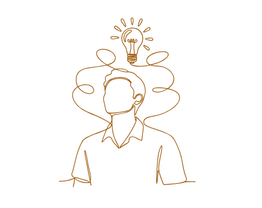 Orangefarbene Linienzeichnung einer Person mit lockigem Haar und stilisiertem Blumenmotiv auf schwarzem Hintergrund.