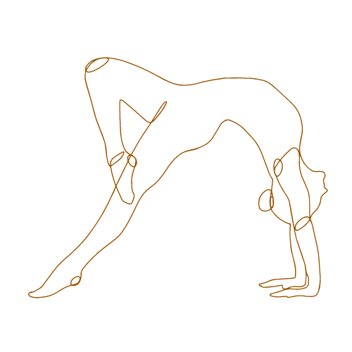 Minimalistische orange Linienzeichnung eines gebeugten menschlichen Körpers im Profil auf schwarzem Hintergrund