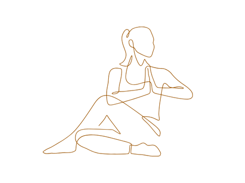 Eine stilisierte Liniezeichnung einer sitzenden Person in einer meditativen Haltung, Hände vor der Brust zusammengeführt.