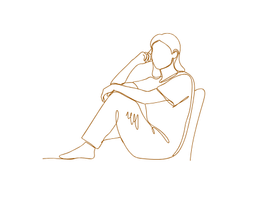 Orangefarbene Linienzeichnung einer sitzenden Person, die ein Knie umarmt.