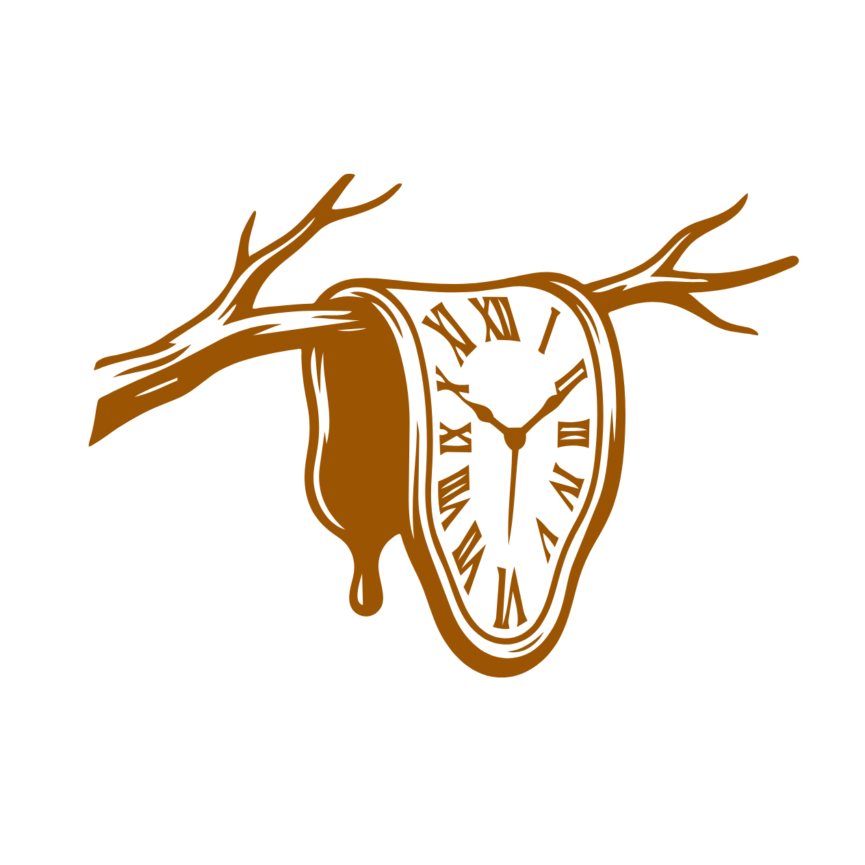 Stilisierte braune Illustration einer antiken Taschenuhr mit römischen Ziffern und Geweih auf schwarzem Hintergrund