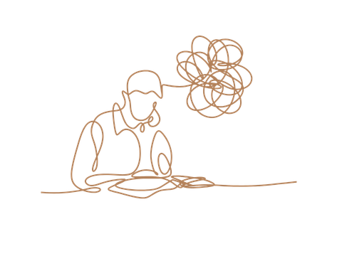 Minimalistische Linienillustration einer sitzenden Person, die einen wirren Gedankenballon betrachtet.
