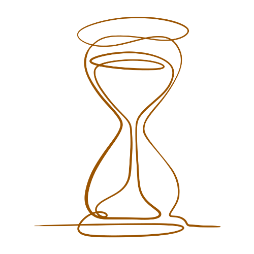 Abstrakte braune Linienzeichnung einer Sanduhr mit ineinander verschlungenen Formen auf weißem Hintergrund